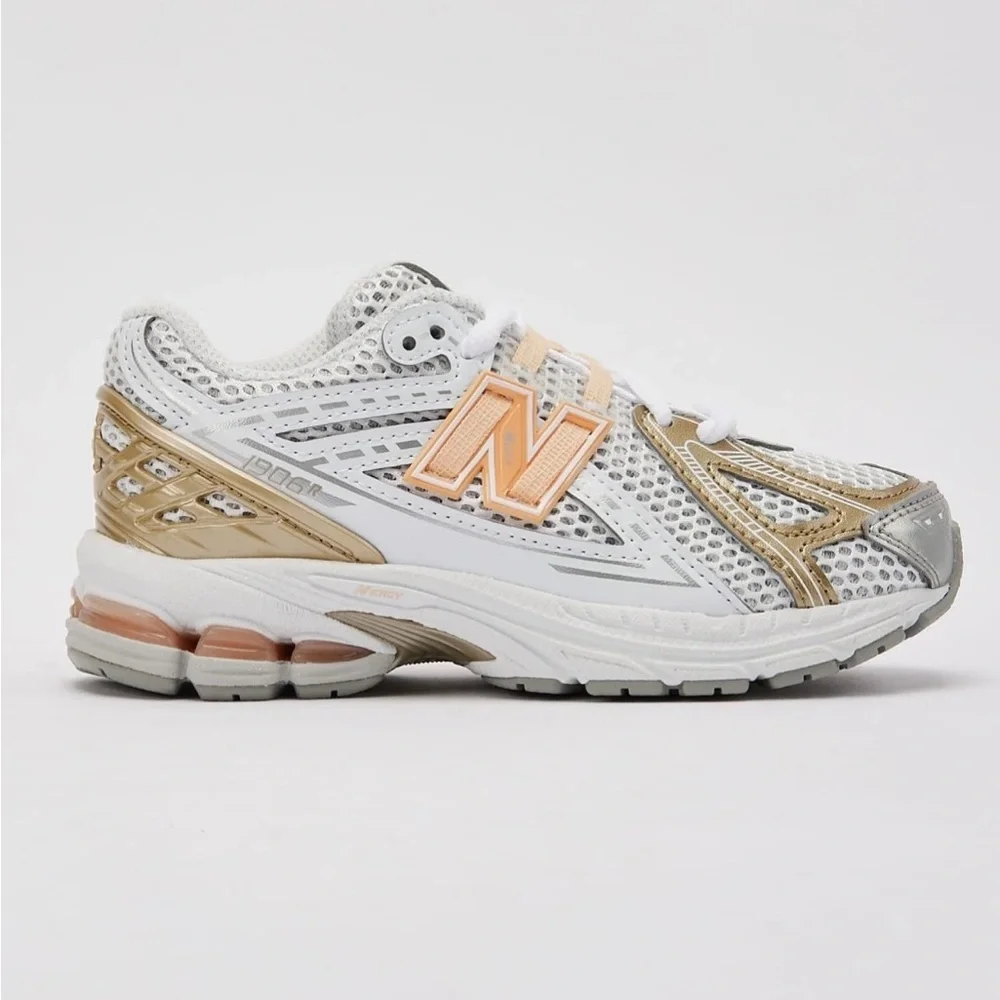 New Balance White, Peach & Silver Mesh Athletic Sneakers - Picture 2 of 6